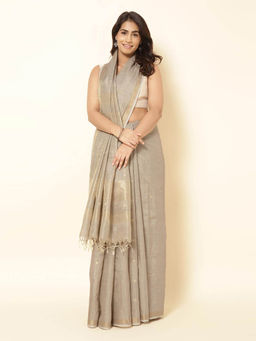 Fabindia - Grey Silk Blend Hand Woven Saree without Blouse