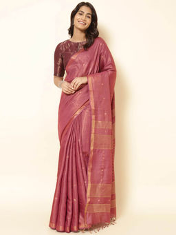 Fabindia - Pink Silk Blend Hand Woven Saree without Blouse