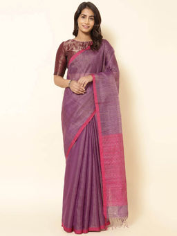 Fabindia - Purple Silk Blend Hand Woven Saree without Blouse
