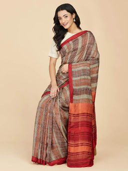 Fabindia - Maroon Silk Hand Block Printed Saree without Blouse