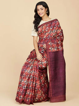 Fabindia - Wine Silk Hand Block Printed Saree without Blouse