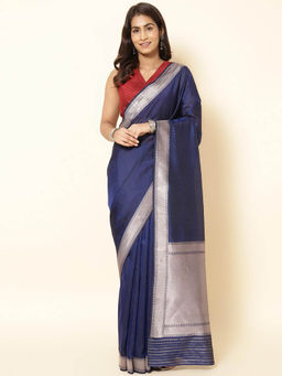 Fabindia - Blue Viscose Blend Woven Saree without Blouse