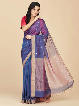 Fabindia - Blue Cotton Silk Chanderi Saree without Blouse