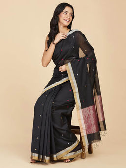 Fabindia - Black Cotton Silk Chanderi Saree without Blouse