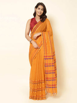 Fabindia - Orange Cotton Woven Saree without Blouse
