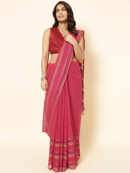 Fabindia - Pink Cotton Woven Saree without Blouse