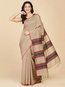 Fabindia - Beige Cotton Blend Hand Woven Saree without Blouse