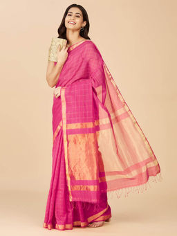 Fabindia - Magenta Cotton Silk Hand Woven Saree without Blouse