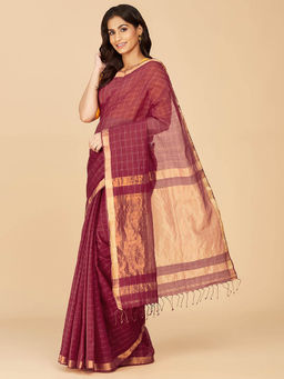 Fabindia - Maroon Cotton Silk Hand Woven Saree without Blouse