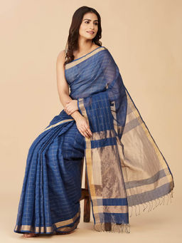 Fabindia - Blue Cotton Silk Hand Woven Saree without Blouse