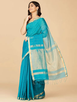 Fabindia - Teal Cotton Silk Hand Woven Saree without Blouse