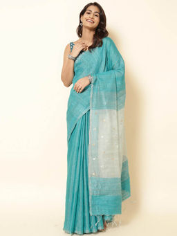 Fabindia - Turquoise Silk Blend Jamdani Saree without Blouse