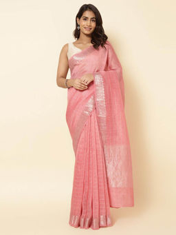 Fabindia - Pink Linen Blend Woven Saree without Blouse