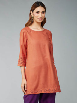 Fabindia - Orange Viscose Silk Thread Work Short Kurti