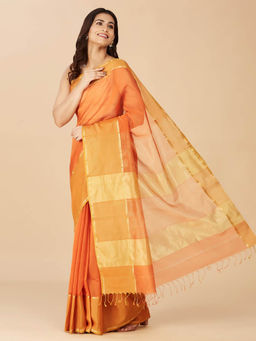 Fabindia - Orange Cotton Silk Saree without Blouse