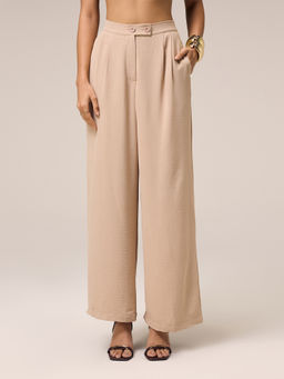 Twenty Dresses by Nykaa Fashion - Beige Crepe High Waist Elasticated Back Wide Leg Pant