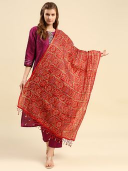 Dupatta Bazaar - Womens Bandhani Gharchola Printed Red Art Silk Crushed Dupatta