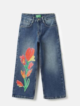 United Colors of Benetton - Blue Wide Leg Fit High Rise Floral Jeans