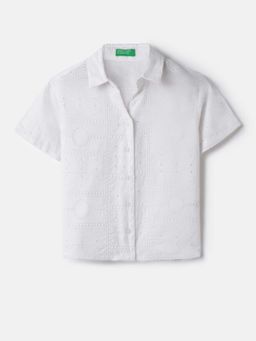 United Colors of Benetton - White Boxy Fit Spread Collar Embroidery Shirt