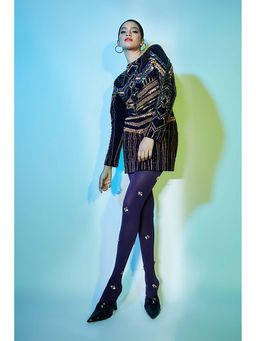 Nirmooha - Women's Hand-Embroidered Navy Blue Stockings