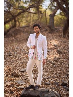 Nirmooha - Men's White Denim Floral Blazer