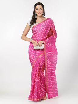 KISHORI - Women Silk Bandhani and Zari Weaving Saree with Unstitched Blouse - Pink