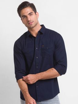 Spykar - Navy Blue Cotton Full Sleeve Plain Shirt for Men