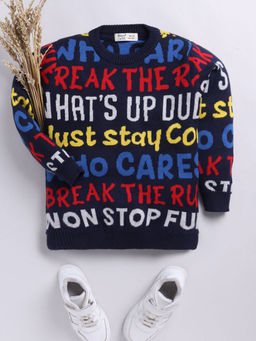 Hopscotch - Boys Navy Blue Typography Print Full-Sleeve Cotton Sweater