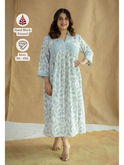 The Indian Ethnic Co. - Sky Blue White A-Line Printed Cotton Dress