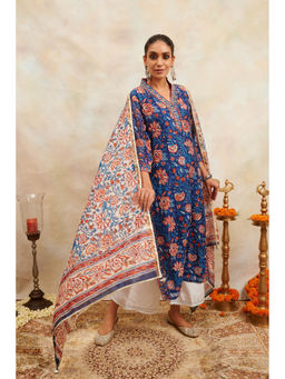 TAHILIYA - Indigo Blue Hand Block Printed Chanderi Silk Kurta