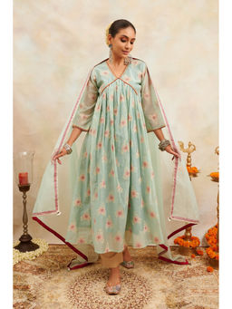 TAHILIYA - Blue Khari Printed Chanderi Silk A Line Kurta