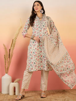 Vastramyaa - Cream & Pink Floral Kurta with Pant & Dupatta (Set of 3)