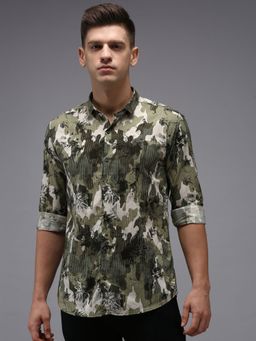 SHOWOFF - Men Green Collar Neck Camouflage Comfort Fit Shirt