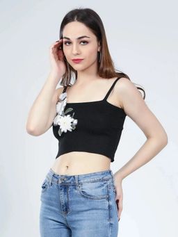 ANNY - Women Black Floral Appliques Cami Crop Top