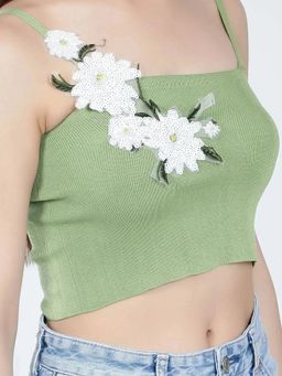 ANNY - Women Green Floral Appliques Cami Crop Top