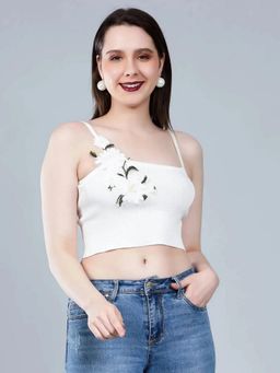 ANNY - Women White Floral Appliques Cami Crop Top
