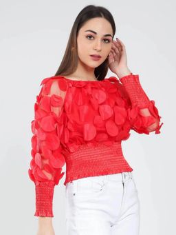 ANNY - Women Red Lantern Sleeve Mesh Ruched Top