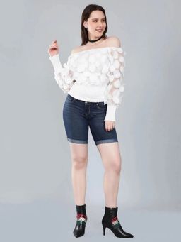 ANNY - Women White Lantern Sleeve Mesh Ruched Top