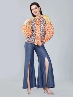 ANNY - Women Multicolor Leopard Print Colorblock Tie Neck Blouse Top