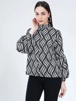 ANNY - Women Black Swirl Leaf Printed Top
