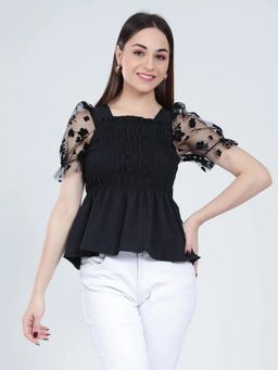 ANNY - Women Black Flock Print Tulle Sleeves Smocking Top