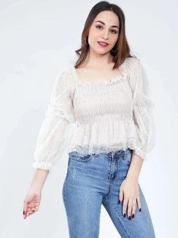 ANNY - Women Peach Tulle Smocking Glitter Top