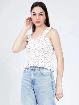 ANNY - Women White Smocking Cherry Print Top