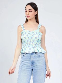 ANNY - Women Blue Floral Smocking Top
