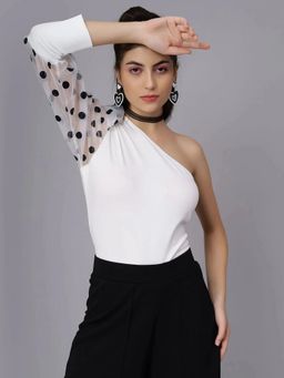 ANNY - Women White One Shoulder Dotted Top