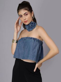 ANNY - Women Blue Denim Loose Tube Crop Top