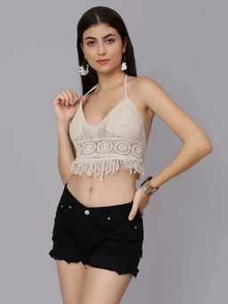 ANNY - Women Beige Sexy Fringe Hem Crochet Halter Crop Top