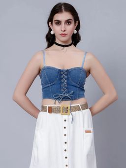 ANNY - Women Blue Lace-Up Denim Crop Top