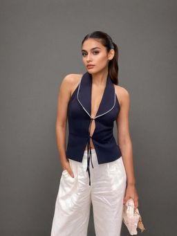 ANNY - Women Navy Blue Tied Halter Top