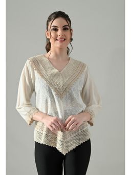 ANNY - Women Beige Flora Grace Embroidered Top
